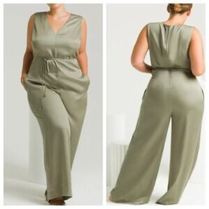 Ettitude Jumpsuit Green Sateen Bamboo Sleeveless Belt Wide Leg